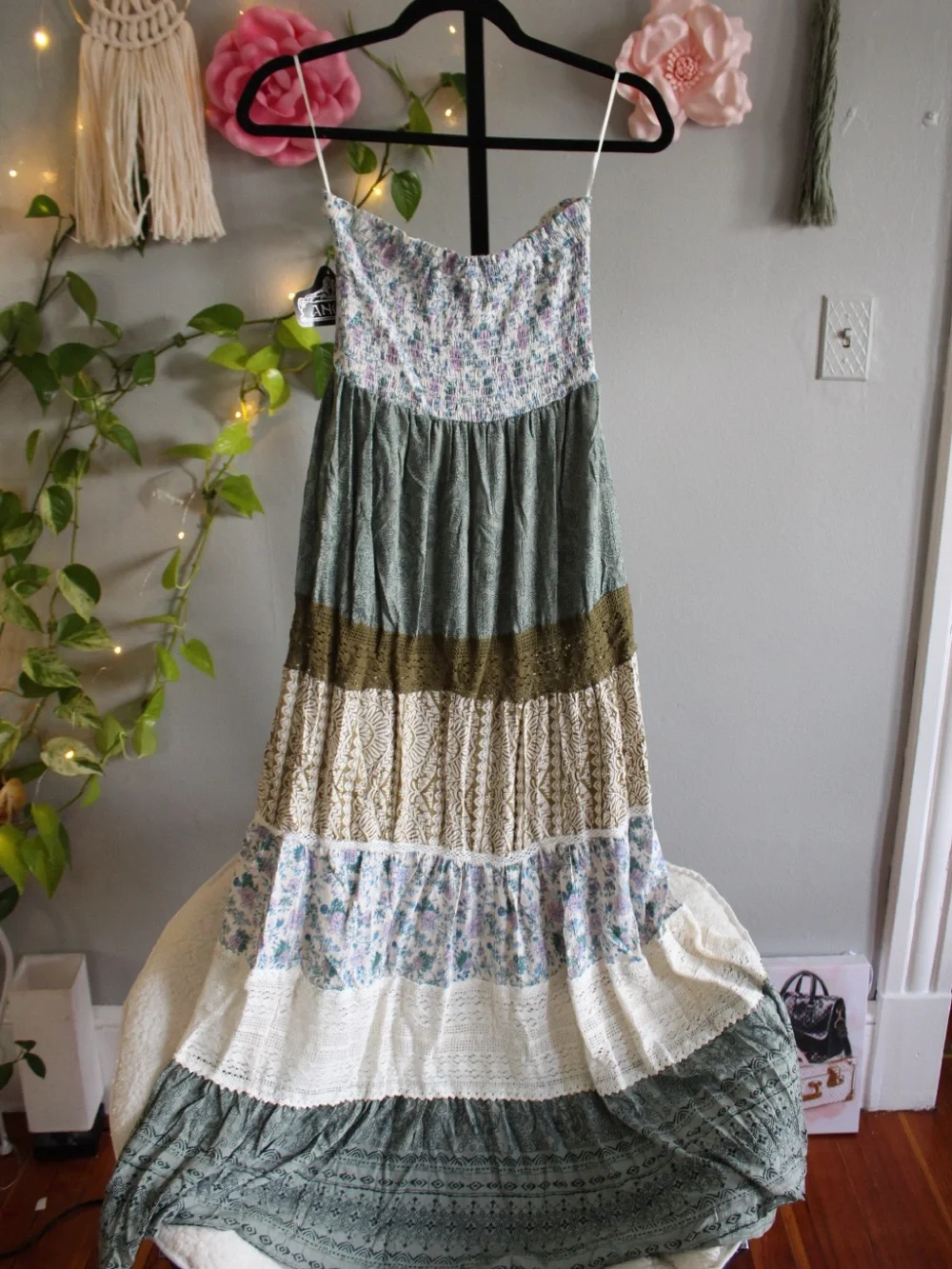 NWT Angie Boho Patchwork Tiered Maxi Dress Size S Floral Cottagecore - Picture 13 of 13